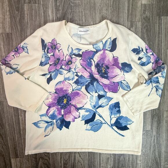 Alfred Dunner Floral Embellished Pullover Sweater Cream Purple Blue Flowers - Picture 1 of 6